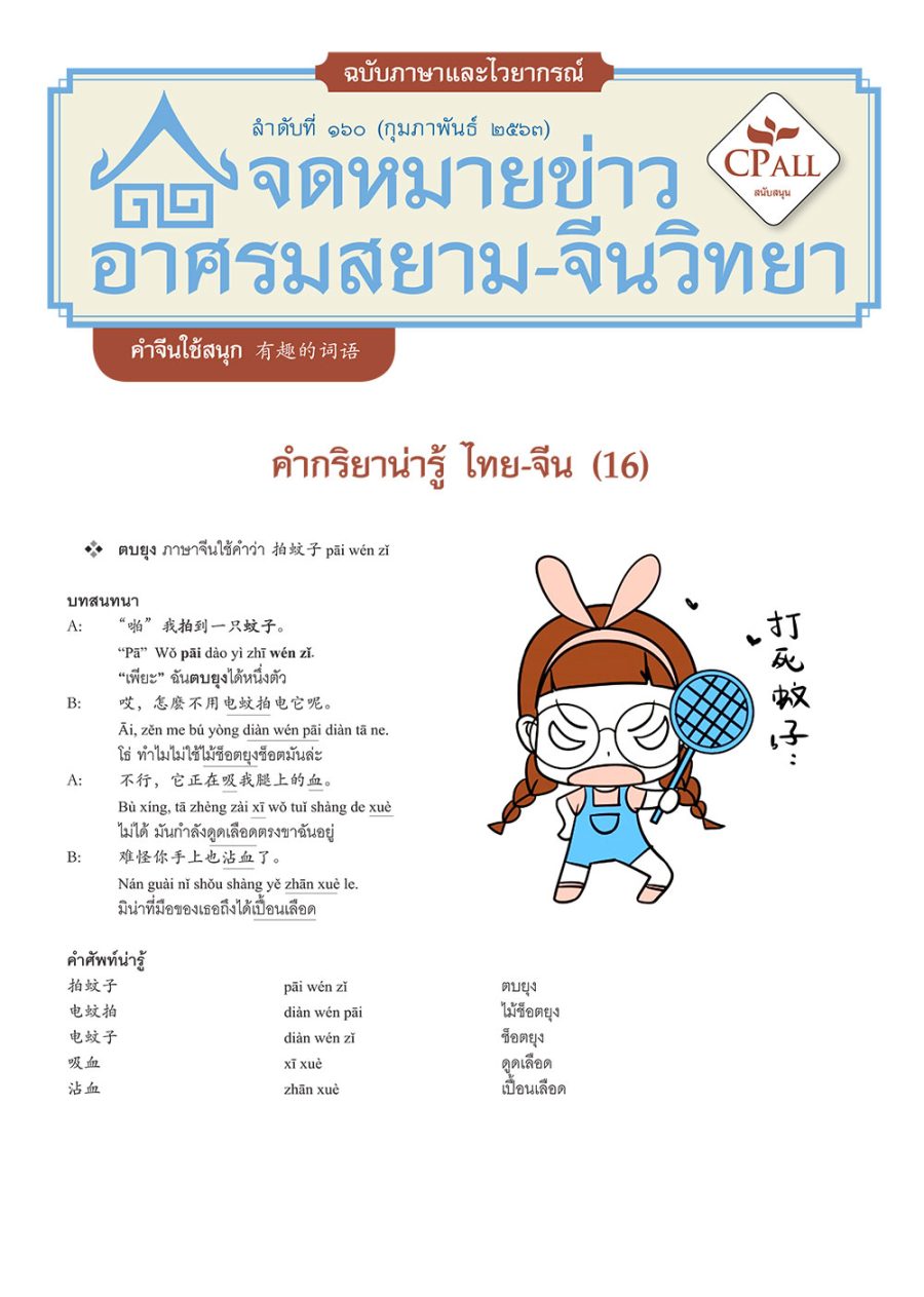 จดหมายข่าวฯ ภาษาและไวยากรณ์ 160 - ตบยุง拍蚊子 / ตอกไข่ 打蛋 / เขียวขี้ม้า 军装绿  / เขียวไข่กา 鸭蛋绿  / สีชา 茶色 / ยังไงก็คือ 到底是